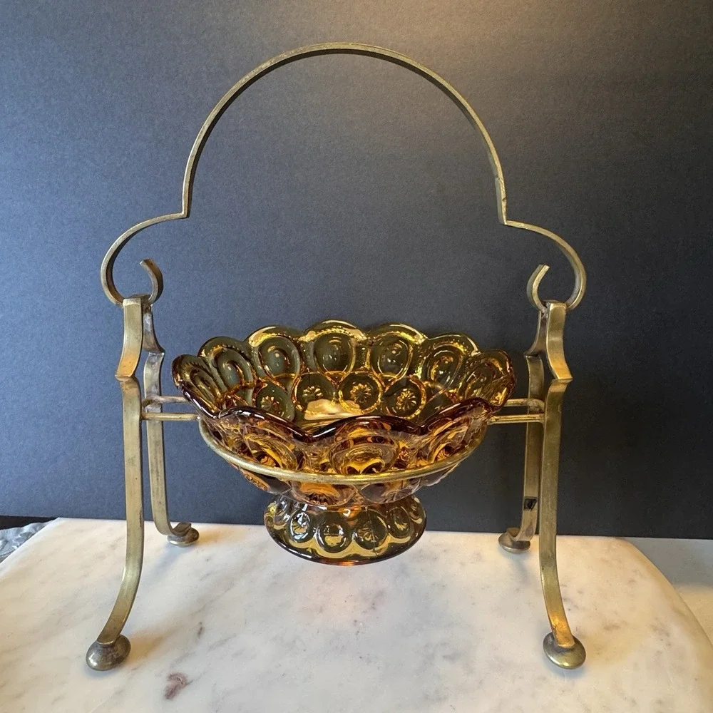 LE Smith Amber Glass Moon & Stars Pedestal / Bowl ~ Brass Arch Holder Stand